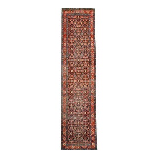 1890s Blue Navy Herati Tribal Antique Bakshaiesh Persian Rug 3'5" X 14'4" Handknotted Wool Carpet For Sale