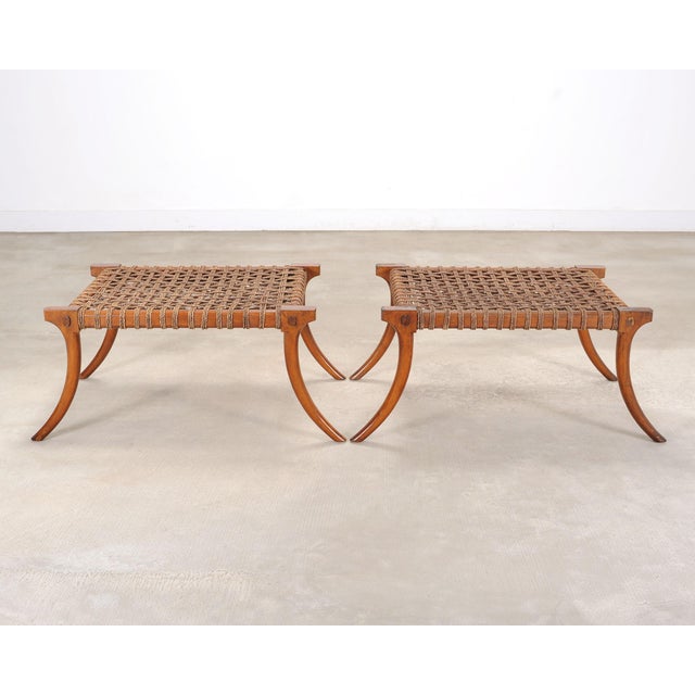 Pair of Robsjohn-Gibbings Style Walnut Klismos Rope Benches For Sale - Image 10 of 18