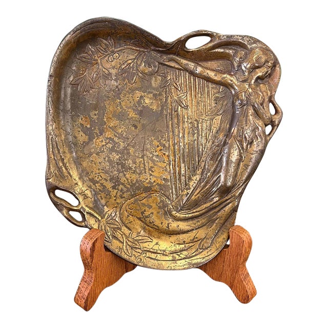 1970s Art Nouveau Shallow Possibly Brass Dish, Woman With Harp For Sale