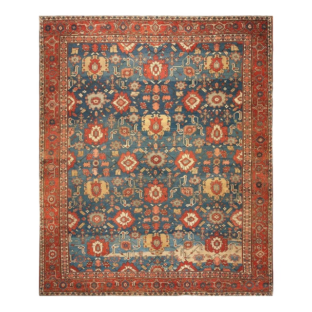 1880s Royal Blue Medallion Tribal Antique n.w. Persian Serapi Rug 12' X 14' 6" Wool Carpet For Sale