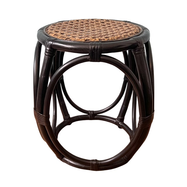 English Vintage Black Rattan & Woven Cane Low Stool / Side Table / Plant Stand – British Colonial / Boho For Sale - Image 3 of 11