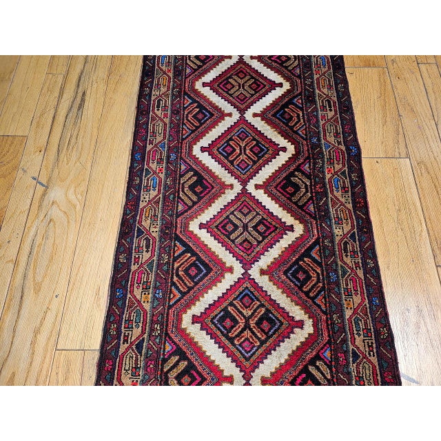 Vintage Persian Malayer Runner Rug, Hand-Knotted Wool, Geometric Pattern, 3x10, Ivory & Red For Sale - Image 10 of 15