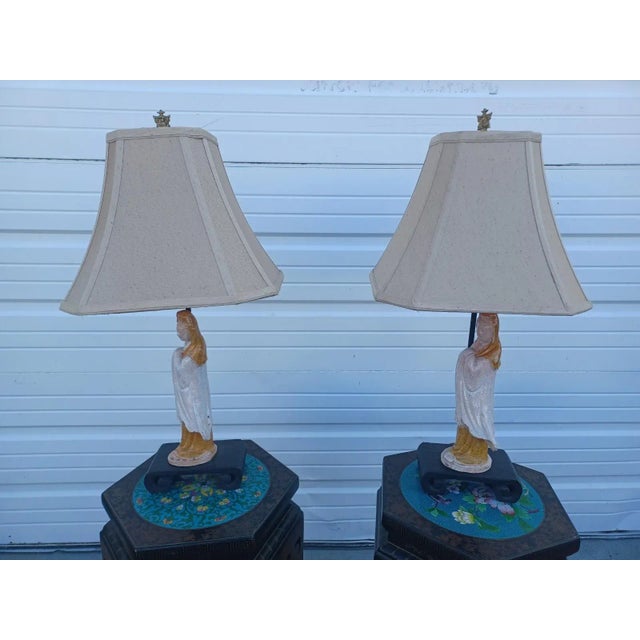 Pair of Antique Asian Pottery Figural Lamps on Bases For Sale In West Palm - Image 6 of 6