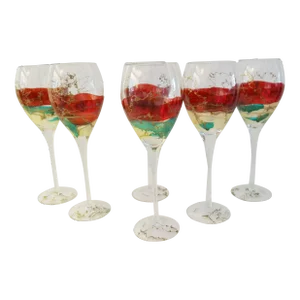 Vintage Romanian Hand-Blown Art Glass Wine Glasses, Set of 6