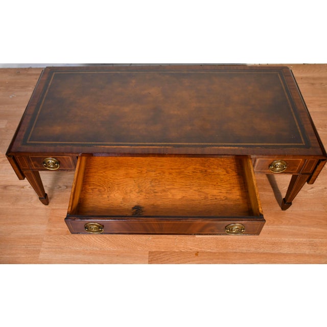 1930s Weiman English Regency Flame Mahogany Inlay Leather Top Drop Leaf Coffee Table For Sale - Image 11 of 18