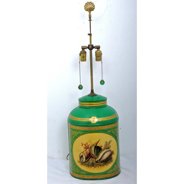 Green Early 20th Century Sea Shell Tole Canister Lamp #2 For Sale - Image 8 of 9