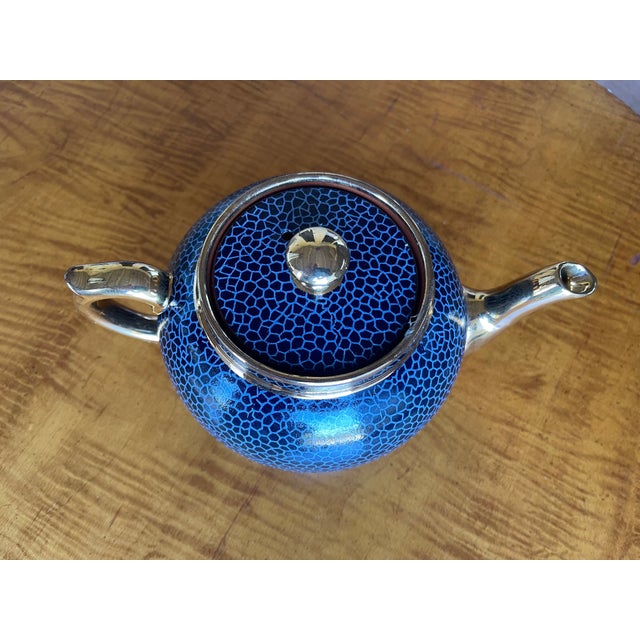 David Gibson 1960s Farmhouse Gibson Stoneware Blue Geometrics & Gold Trim Loex Teapot For Sale - Image 4 of 8