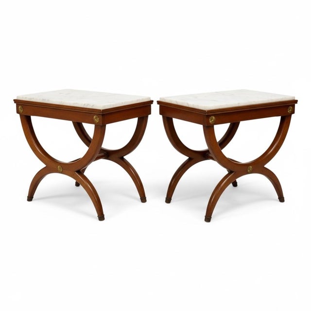 1950s Mid-Century Neo-Classical Klismos Style Walnut & Marble Side Tables or Stools - Pair For Sale - Image 5 of 7