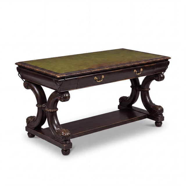 Traditional 19th-C. English Regency Ebonized Library Table Desk Console Green Leather Top For Sale - Image 3 of 6