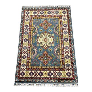 Blue Kazak Wool Rug With Three Medallions and Ivory Border, 3'4" X 4'10" For Sale