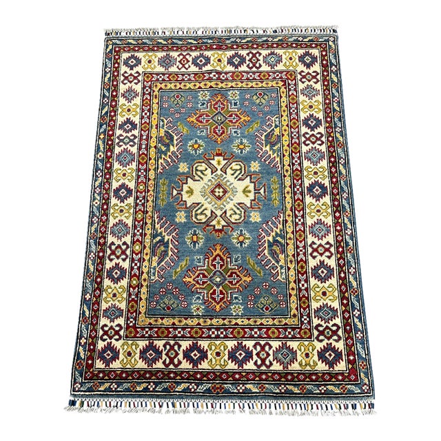 Blue Kazak Wool Rug With Three Medallions and Ivory Border, 3'4" X 4'10" For Sale