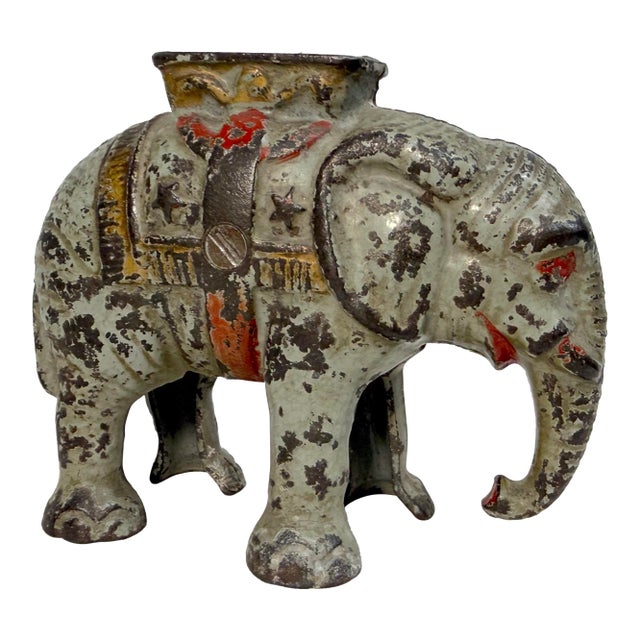 Rare Antique Early 1900 Hand Painted Cast Iron Circus Howdah Elephant Still Bank For Sale