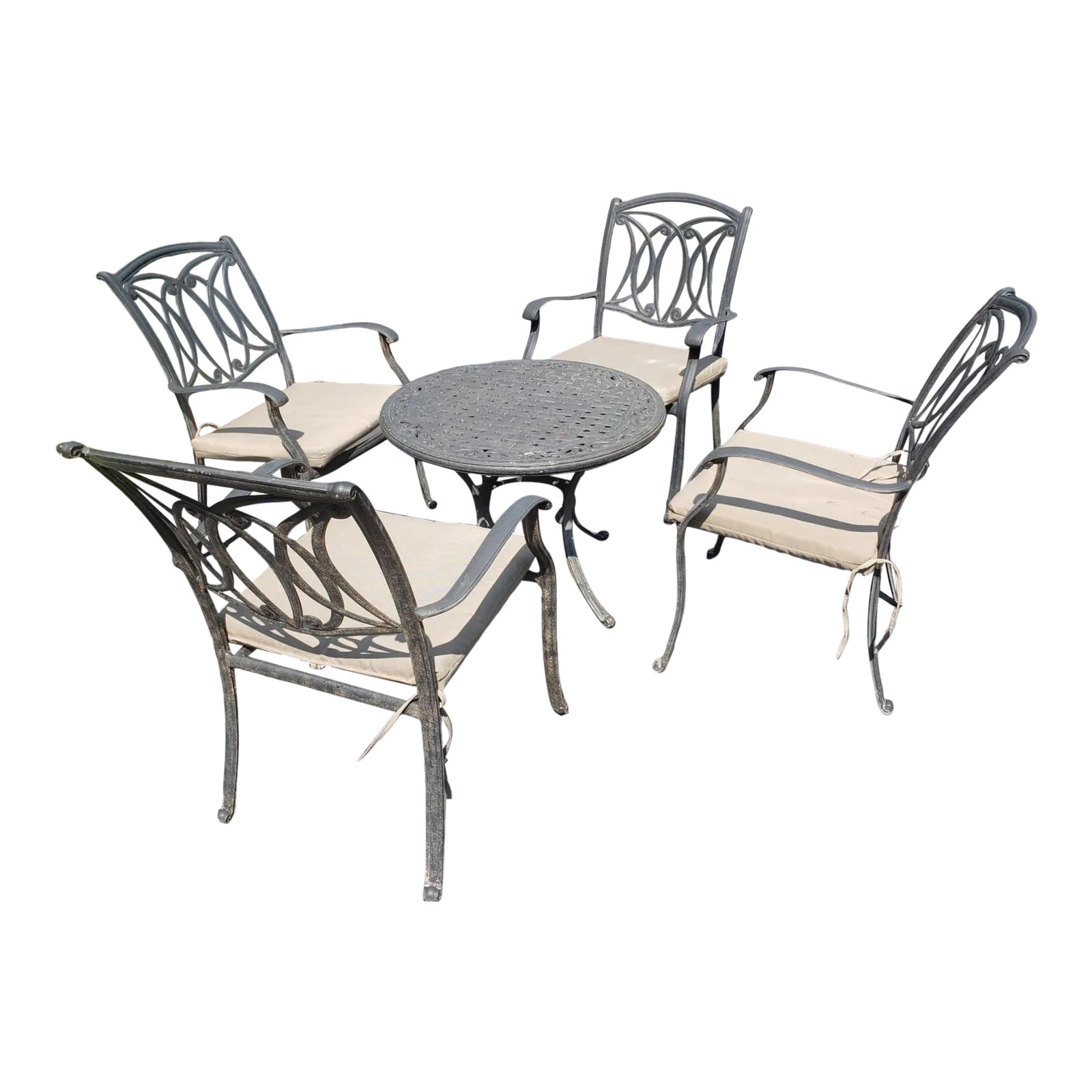 Vintage Cast Aluminum Patio Table & 4 Armchairs with Cushions Chairish