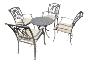 Vintage Cast Aluminum Patio Table & 4 Armchairs With Cushions Set