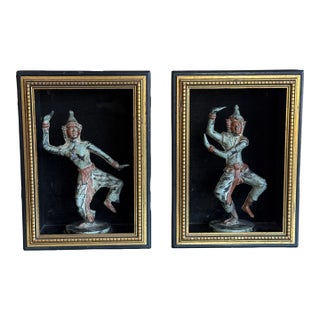 Pair of Vintage Bronze Thai Prince Statues Figurines in Shadow Box For Sale