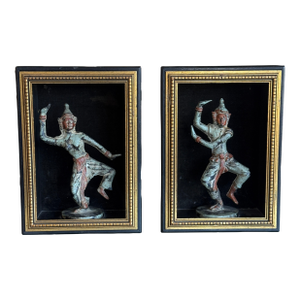 Pair of Vintage Bronze Thai Prince Statues Figurines in Shadow Box