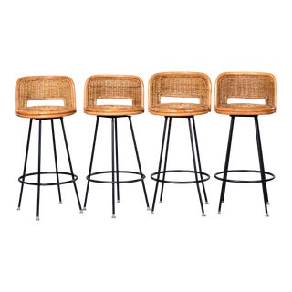 Set Four Mid Century Wicker Danny Ho Fong Style Swivel Bar Height Stools For Sale