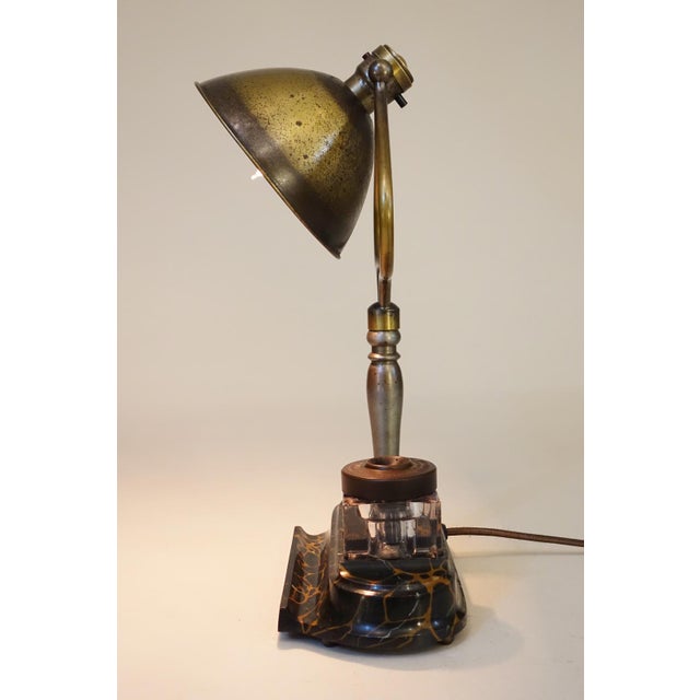 1910s Rare Arts Crafts Bradley Hubbard Brass Tilt Shade Pen Inkwell Cast Iron Student Table Lamp For Sale - Image 10 of 13