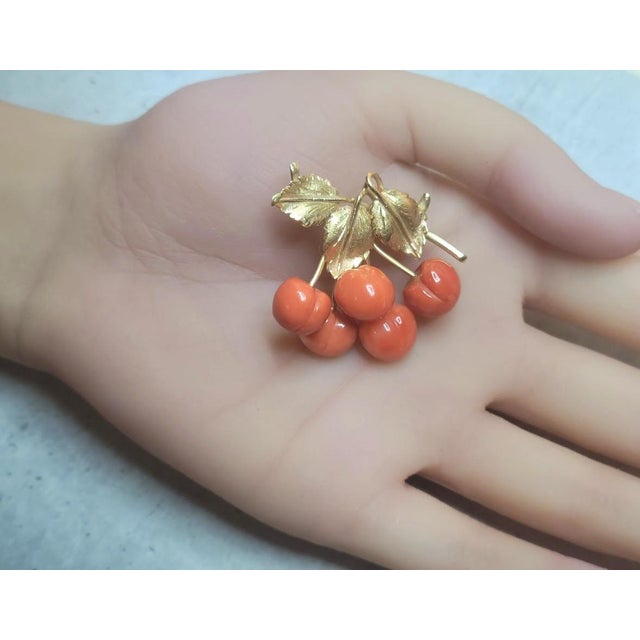 Red Vintage 14k Gold Momo Coral Cherry Branch Brooch, Japan, 1980s For Sale - Image 8 of 8
