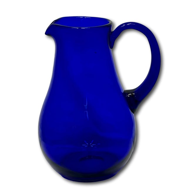 Stunning Vintage Retro Art Deco Deep Cobalt Blue Hand Blown Art Glass Pitcher - Circa Mid 20th Century For Sale - Image 17 of 18