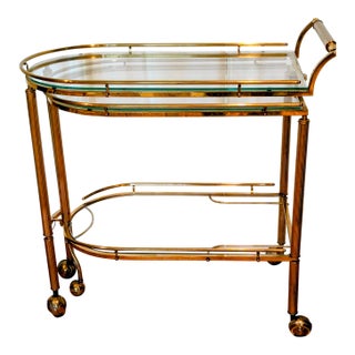 Double Sided 3 Tiered Vintage Rolling Brass/Glass Bar Cart, a Hollywood Regency Classic With Swivel Top and Secure Lock For Sale