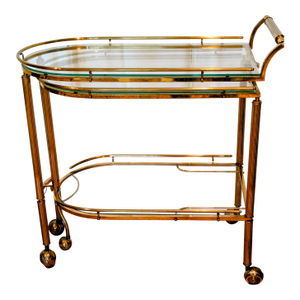 Double Sided 3 Tiered Vintage Rolling Brass/Glass Bar Cart, a Hollywood Regency Classic With Swivel Top and Secure Lock