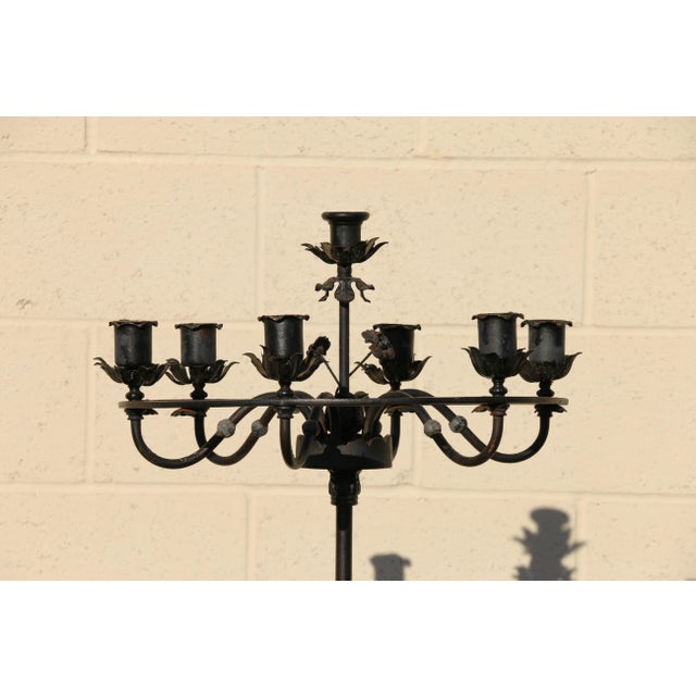 Gothic Antique Wrought Iron Floor Candelabra | Ornate Gothic Revival Candleholder | Early 20th Century For Sale - Image 3 of 18