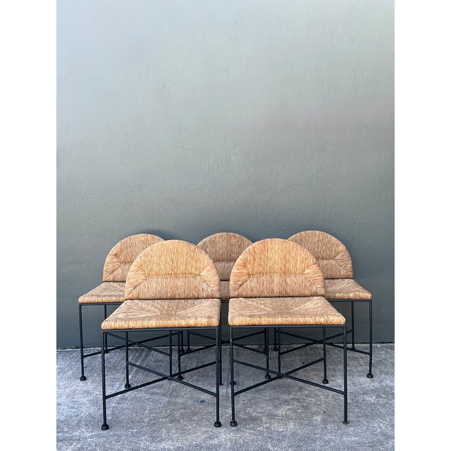 Wood Vintage Woven Rush and Metal Dining Chairs - Set of 5 For Sale - Image 7 of 13