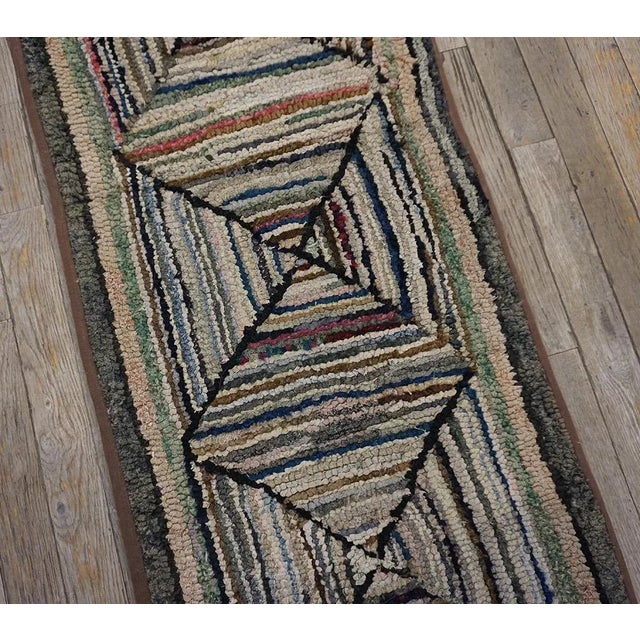 1900 - 1909 1900s Tan Ecru Log Cabin Folk Art Antique American Hooked Rug 1'6'' X 20'2'' Woven Carpet Runner For Sale - Image 5 of 12