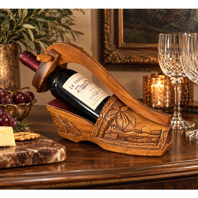 Vintage Hand-Carved Solid Wood Shoe Wine Bottle Holder With Tropical Motif For Sale - Image 11 of 11