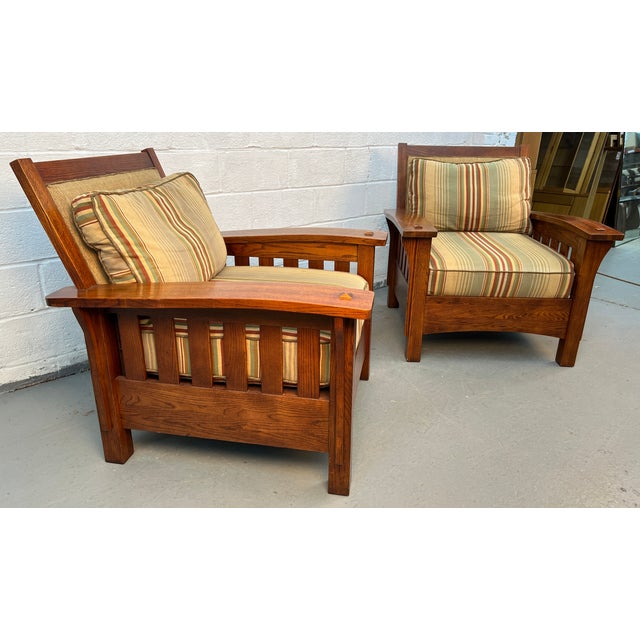 Late 20th Century Handcrafted Slatted Mission Oak Lounge Chairs For Sale In New York - Image 6 of 16