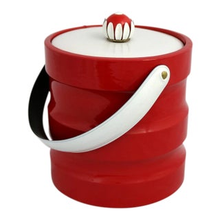Mid 20th Century Mid Century Modern Ice Bucket Red Faux Patent Leather and White Plastic With Daisy Knob For Sale