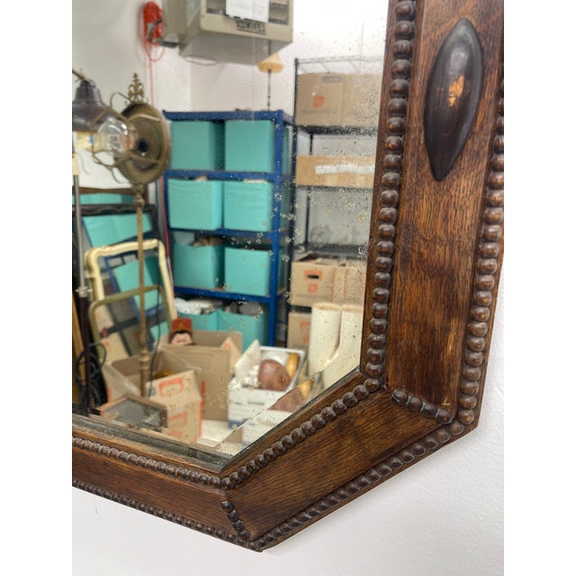 Brown Antique Arts and Crafts Long Octagonal Beveled Oak Mirror. For Sale - Image 8 of 8