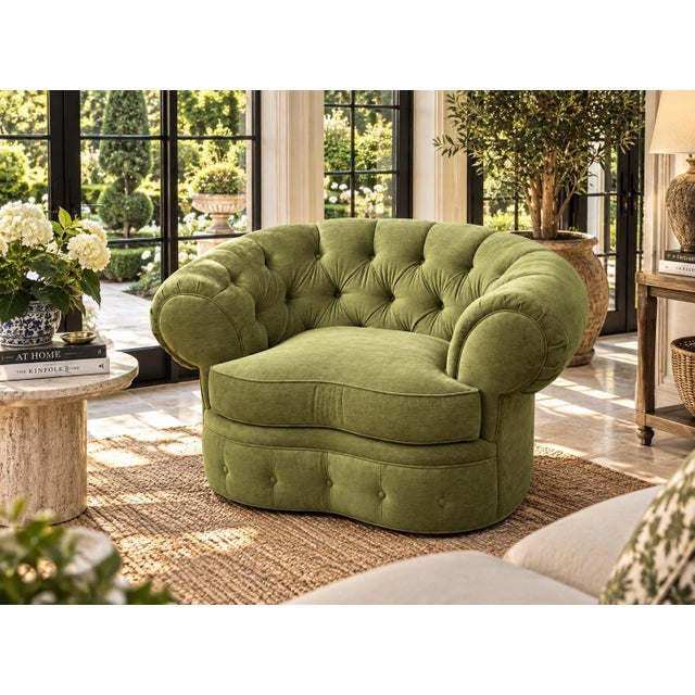 This is a large, heavily tufted armchair upholstered in an olive green textured chenille fabric. It features deep diamond...