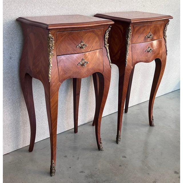 1900 - 1909 Antique Louis XV French Marquetry With Drawers Nightstands, Set of 2 For Sale - Image 5 of 12