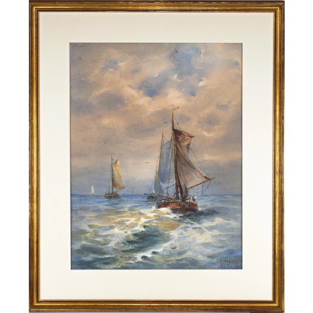Paint 19th Century Antique Nautical Watercolor Seascape Painting With Ships Hj Harris 1893 For Sale - Image 7 of 8