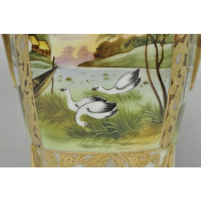 Early 20th Century Antique Nippon Hand Painted Porcelain Twin Handled Vase W/ Swan & Lake Scene For Sale - Image 5 of 16