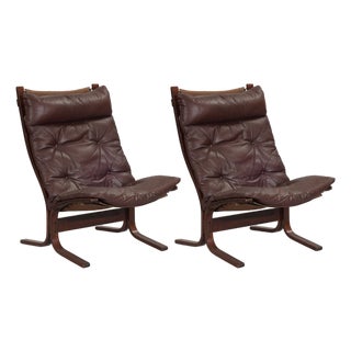 Highback Siesta Chairs in Dark Brown Leather and Plywood by Ingmar Relling for Westnofa, 1960s, Set of 2 For Sale