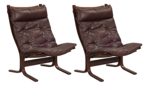 Highback Siesta Chairs in Dark Brown Leather and Plywood by Ingmar Relling for Westnofa, 1960s, Set of 2