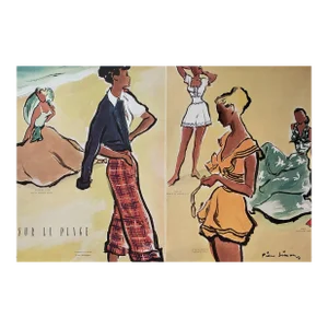 Pair-1948 French Designer Mid-Century Beach Fashion Prints, Matted