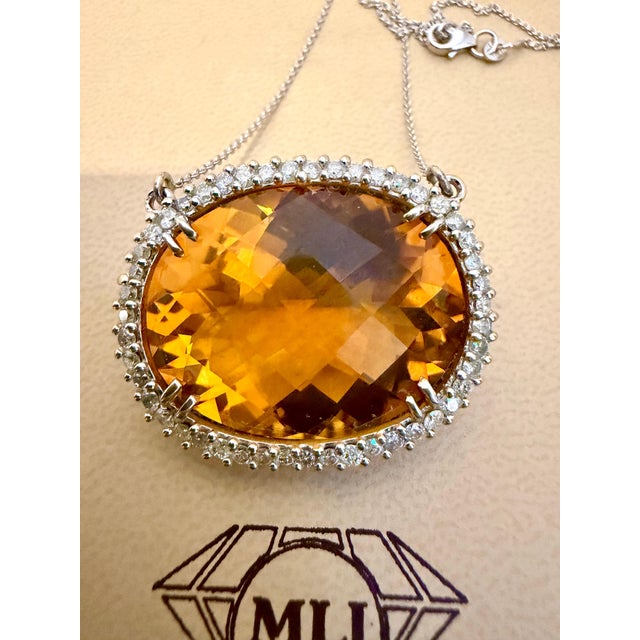 Metal Natural 48 Carat Oval Citrine & Diamond Pendant 14 Karat White Gold Necklace For Sale - Image 7 of 8