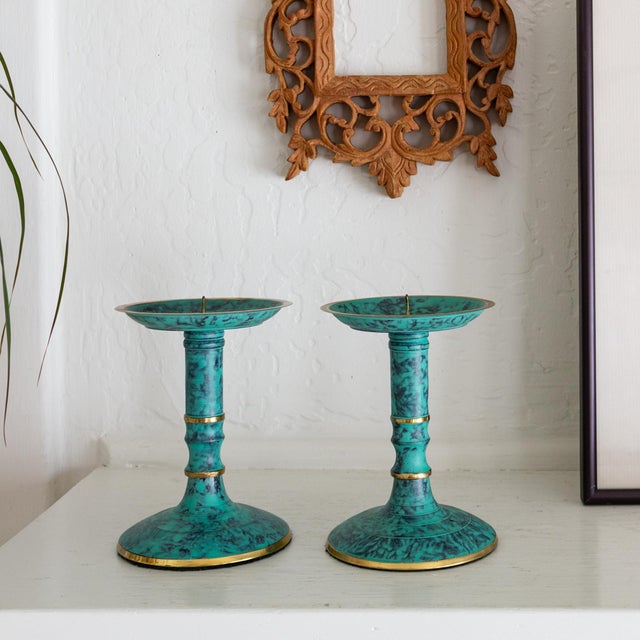 Postmodern Teal Verdigris and Gold Pedestal Candle Holders For Sale - Image 10 of 10