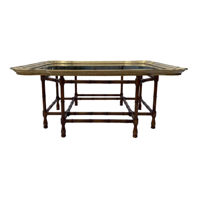 Chinese Chippendale faux bamboo base coffee table with scalloped brass glass top from Baker Furniture, like nearly all...