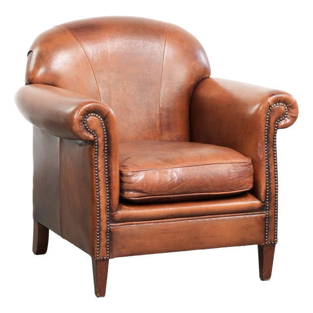 Vintage Sheepskin Armchair with Decorative Nails For Sale