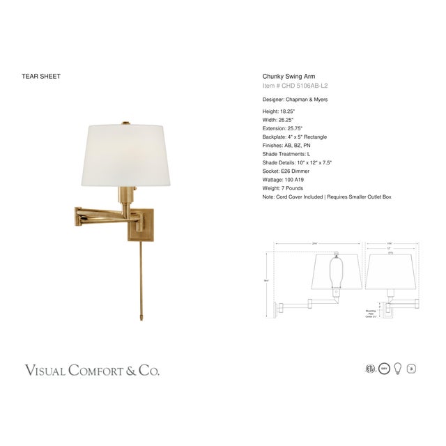 Transitional Chapman & Myers for Visual Comfort Signature Chunky Swing Arm in Antique-Burnished Brass with Linen Shade For Sale - Image 3 of 4