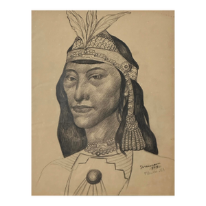 Juan Carlos Iramain (1907–1973) - Folk Art Portrait of a Woman in Headdress, Signed (Graphite on Paper, 1949)