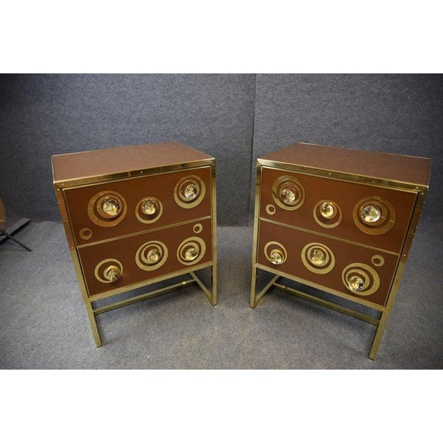 Metal Pair of Luxurious Brown Bedside Tables With Glass & Brass For Sale - Image 7 of 12