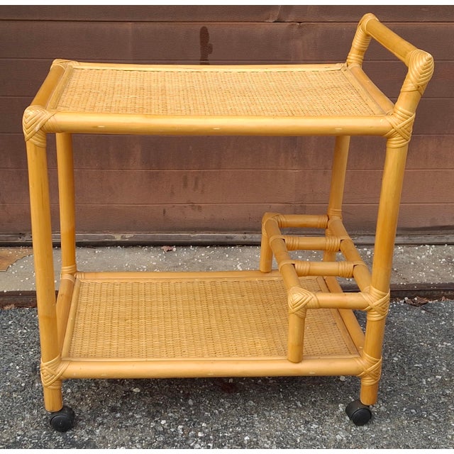 Boho Chic Late 20th Century Rattan and Cane Rolling Bar Cart For Sale - Image 3 of 10