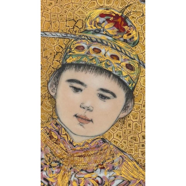 Gold Edna Hibel "Young Manchu" Signed Mixed Media Artwork. Paint Embellished Lithograph on Porcelain Plaque. Custom Frame For Sale - Image 8 of 13