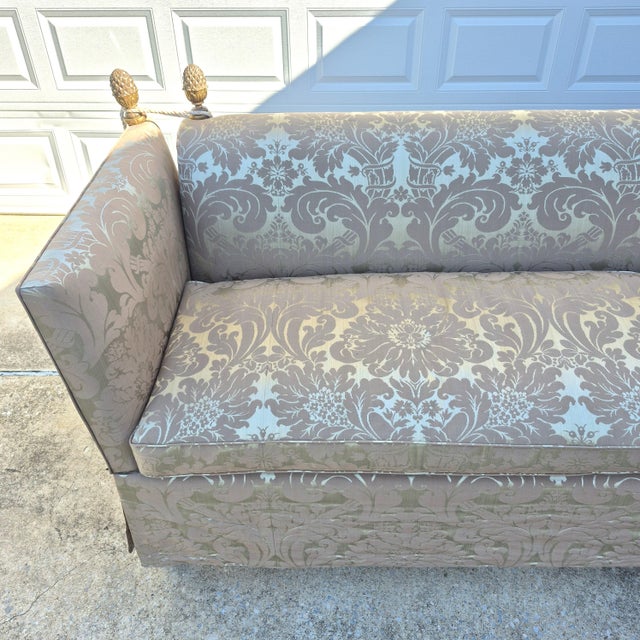 Vintage George Smith Style Silk Damask Knole Sofa 81” Long With Hinged Sides Pineapple Finials Down Cushions For Sale - Image 9 of 17